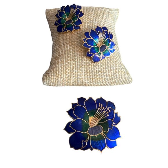 Vtg Gold Tone Enamel Cloisonne Flower Brooch Earrings Blue Green Floral Estate - Picture 1 of 8